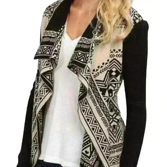 Lucky Brand Waterfall Cardigan Black Tan Aztec Tribal Geometric Abstract Cotton - Picture 13 of 13
